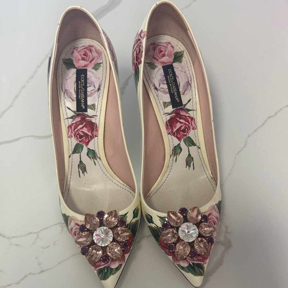 Dolce & Gabbana Floral Embellished Heels - Cream and Pink